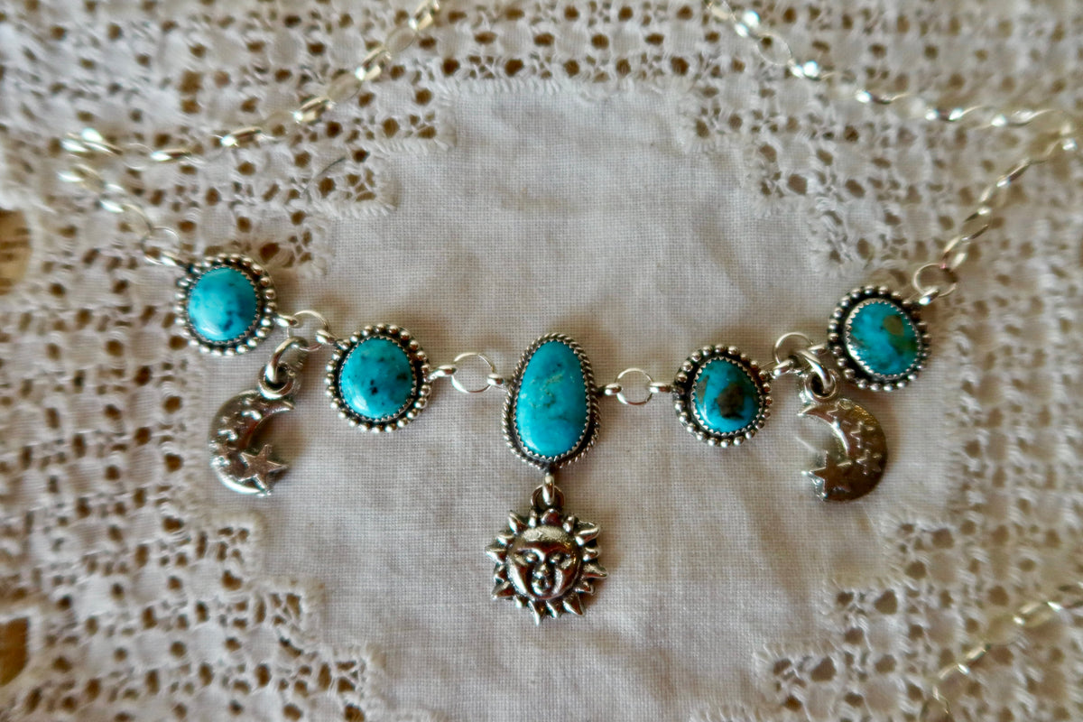 Sterling Silver Sonoran Turquoise Moon and Stars Choker