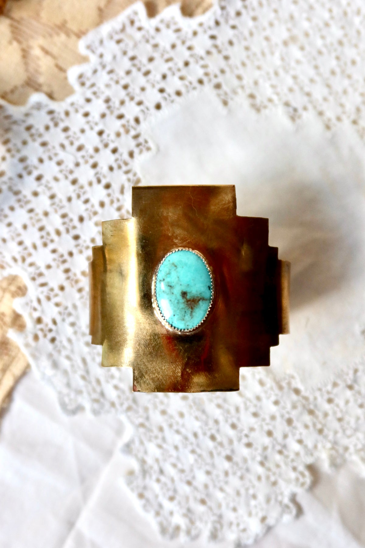 Jewelers brass and sterling bezel Sonoran turquoise Cuff size 6 1/4 in