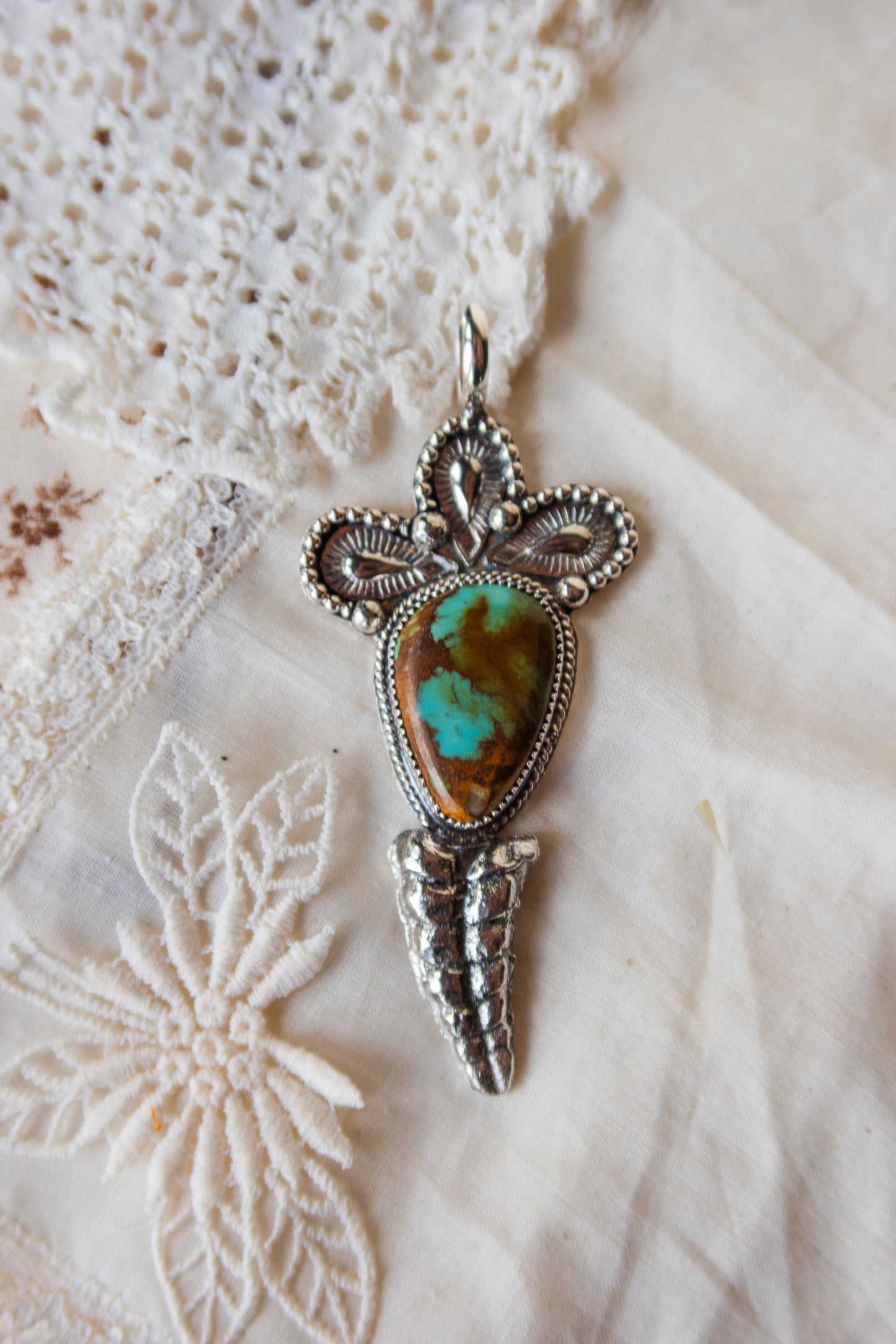 Green/blue Kingman Turquoise Sterling Silver Rattler Pendant