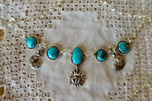 Sterling Silver Sonoran Turquoise Moon and Stars Choker