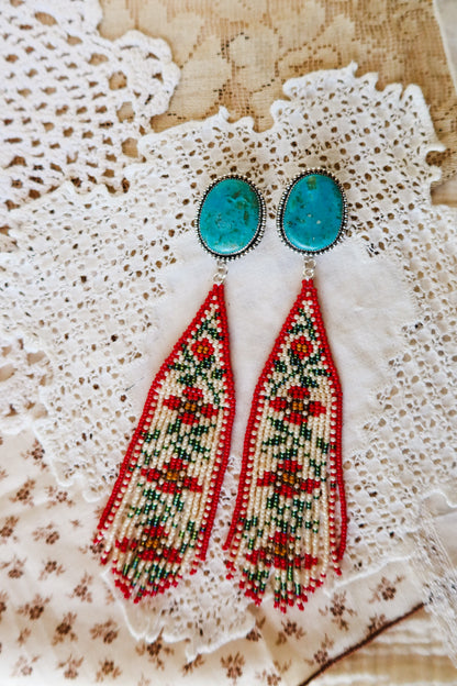 *PREORDER* Sterling Silver and Kingman Turquoise  Beaded Floral Earrings