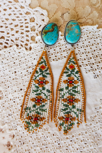 *PREORDER* Sterling Silver and Kingman Turquoise  Beaded Floral Earrings