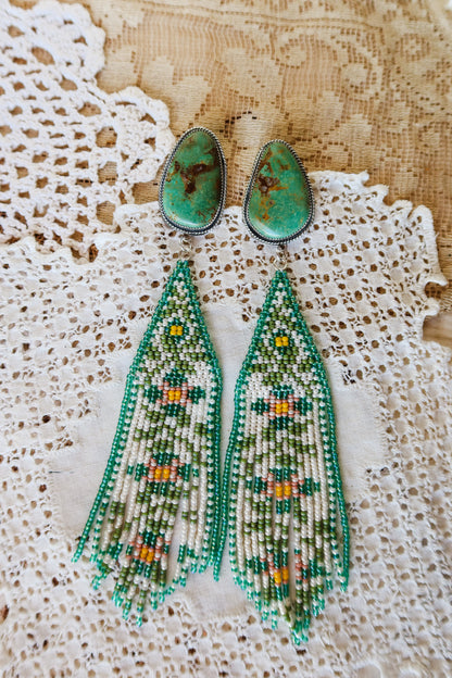 *PREORDER* Sterling Silver and Kingman Turquoise  Beaded Floral Earrings
