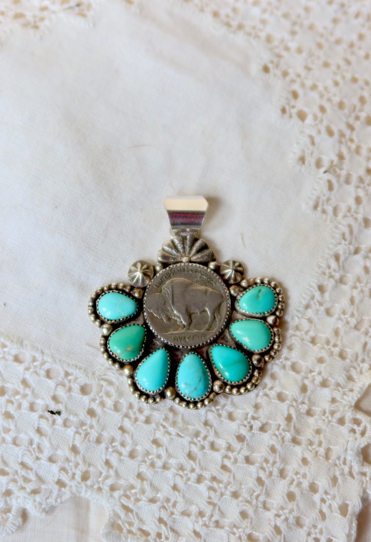 Sterling Silver Buffalo Nickel and Sonoran Turquoise Pendant