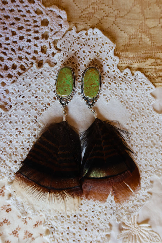 Sterling Silver and Green Kingman Turquoise Turkey Feather Earrings
