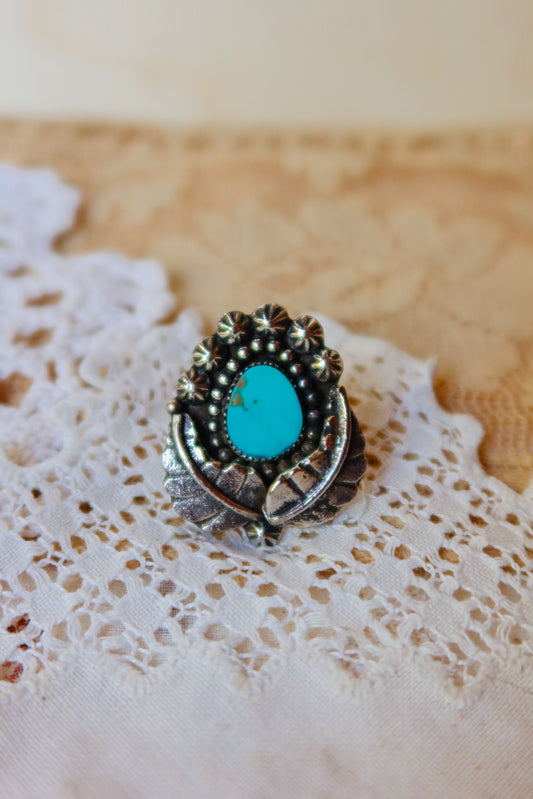 Sterling Silver and Kingman turquoise Leafy Ring Size 8 1/2