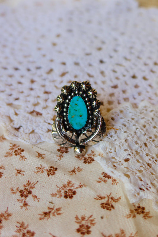 Sterling Silver and Kingman turquoise leafy Ring Size 6