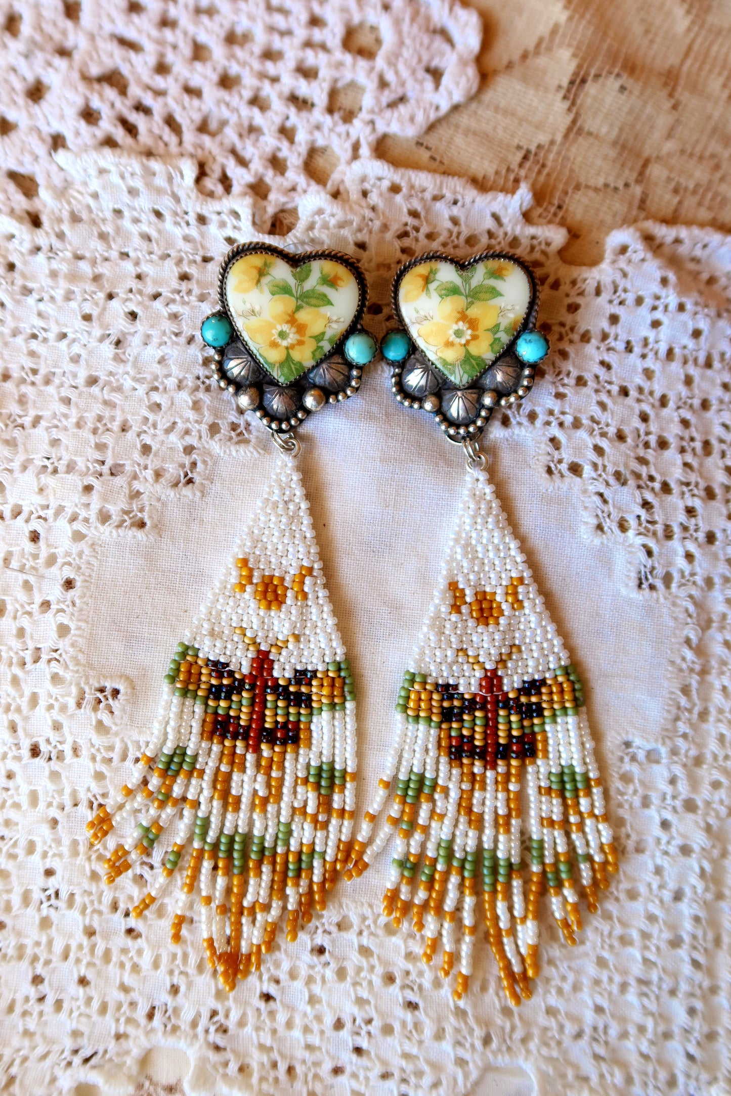 Sterling Silver and Porcelain Heart and Turquoise Moth Beaded Earrings