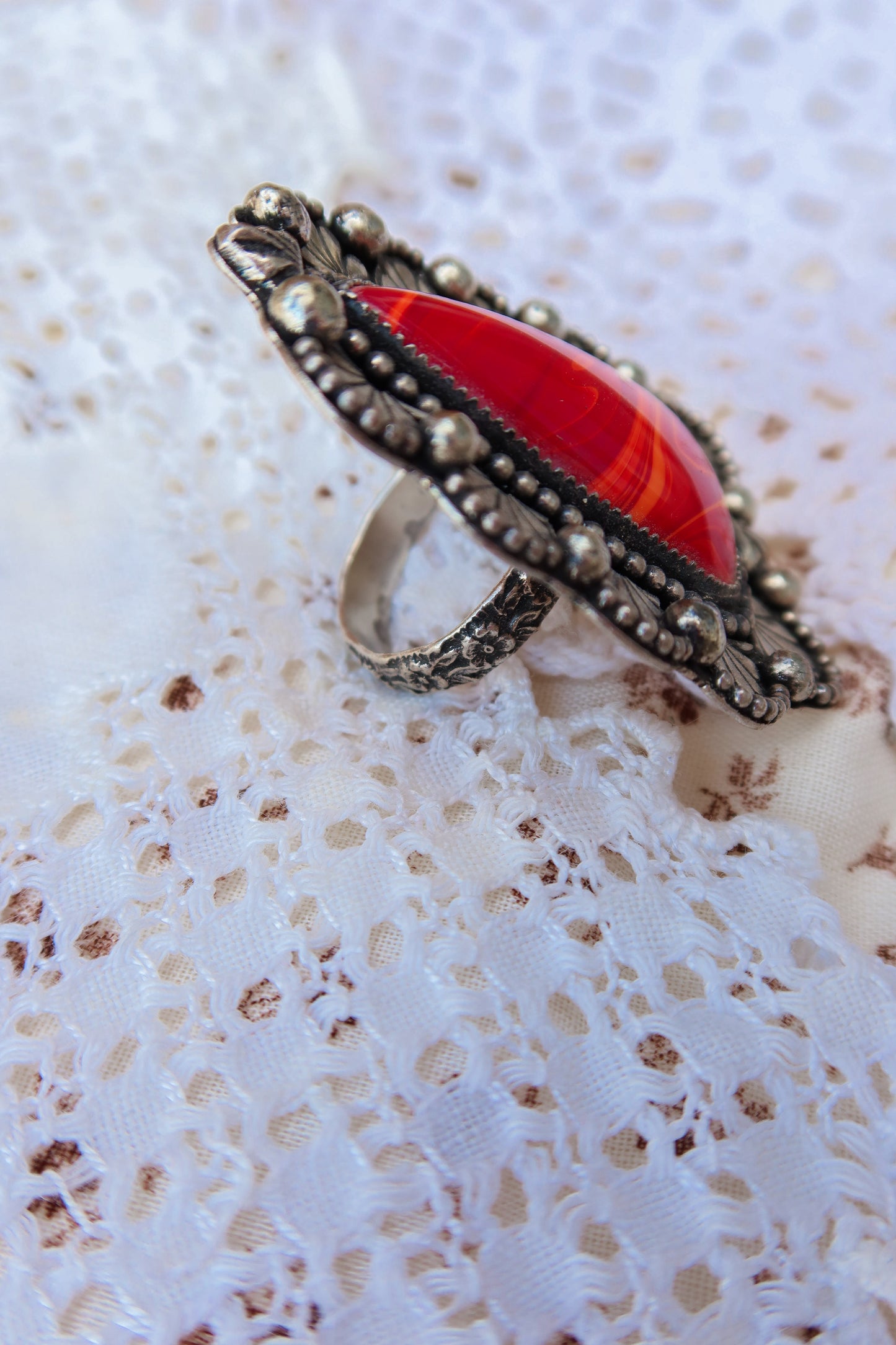 Sterling Silver Rosarita Ring with Stamped Border and Floral Band